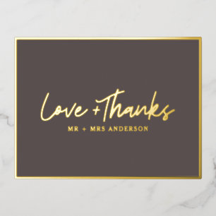 Love and Thanks Handwritten Script   Black Gold Foil Holiday Postcard