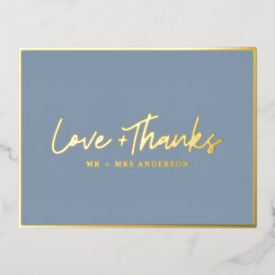 Love and Thanks Handwritten Script   Dusty Blue Foil Holiday Postcard