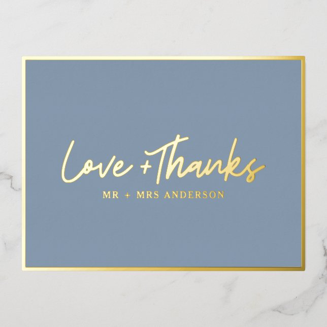 Love and Thanks Handwritten Script | Dusty Blue Foil Holiday Postcard (Front)