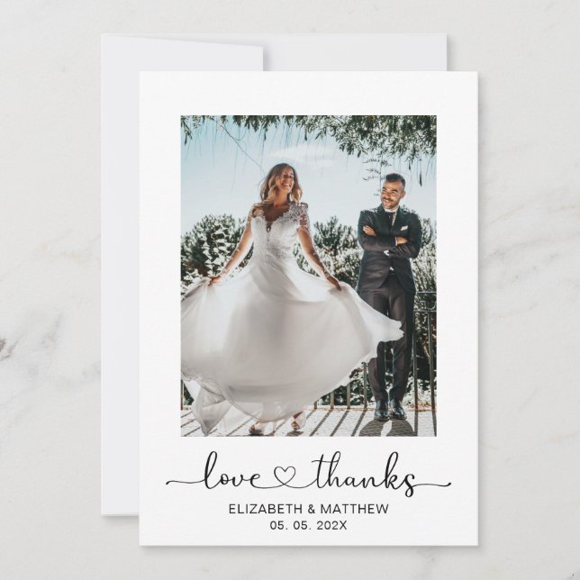 Love and Thanks Heart Script 2 Photo Wedding Thank You Card (Front)