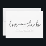 Love and Thanks Heart Script Custom Photo Wedding Thank You Card<br><div class="desc">Introducing our Love and Thanks Heart Script Custom Photo Wedding Thank You Card, a beautiful and personalised way to express gratitude to your wedding guests. This card features an elegant script calligraphy font for the words "Love and thanks, " accompanied by a sweet heart detail, creating a romantic and heartfelt...</div>