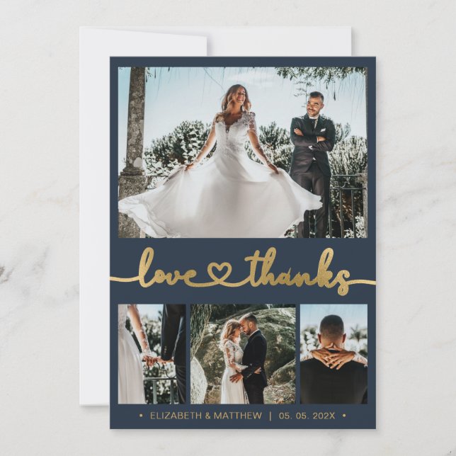 Love and Thanks Heart Script Navy 4 Photo Wedding Thank You Card (Front)