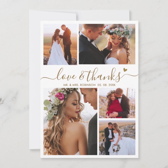 Love and Thanks Heart Script Photo Collage Wedding Thank You Card (Front)