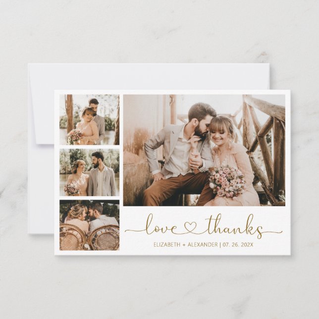 Love and Thanks Heart Script Wedding Photo Collage Thank You Card (Front)