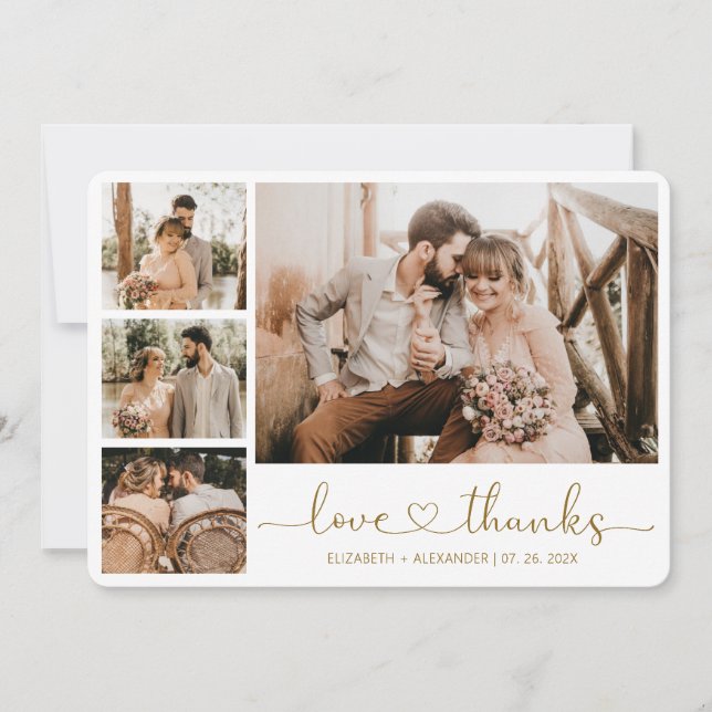 Love and Thanks Heart Script Wedding Photo Collage Thank You Card (Front)