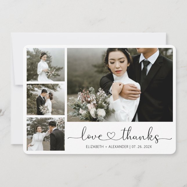 Love and Thanks Heart Script Wedding Photo Thank You Card (Front)