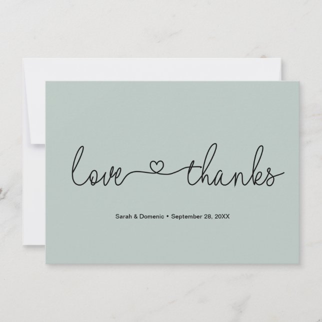 Love and Thanks Heart Wedding Photo Sage green  Thank You Card (Front)