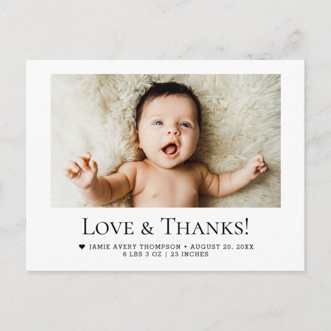 Love and Thanks Horizontal Baby Photo Birth Stats Postcard (Front)