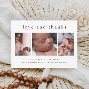 Love and Thanks Minimal 3 Photo Collage New Baby Thank You Card