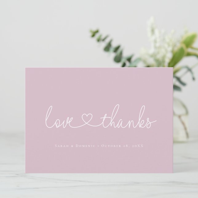 Love and Thanks Minimal script heart photo pink Thank You Card (Standing Front)
