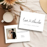 Love and Thanks Minimalist script with heart photo Thank You Card<br><div class="desc">Introducing our Love and Thanks Heart Script Custom Photo Wedding modern Thank You Card, a beautiful and personalised way to express gratitude to your wedding guests. This card features an elegant script calligraphy font for the words "Love and thanks, " accompanied by a sweet heart detail, creating a romantic and...</div>