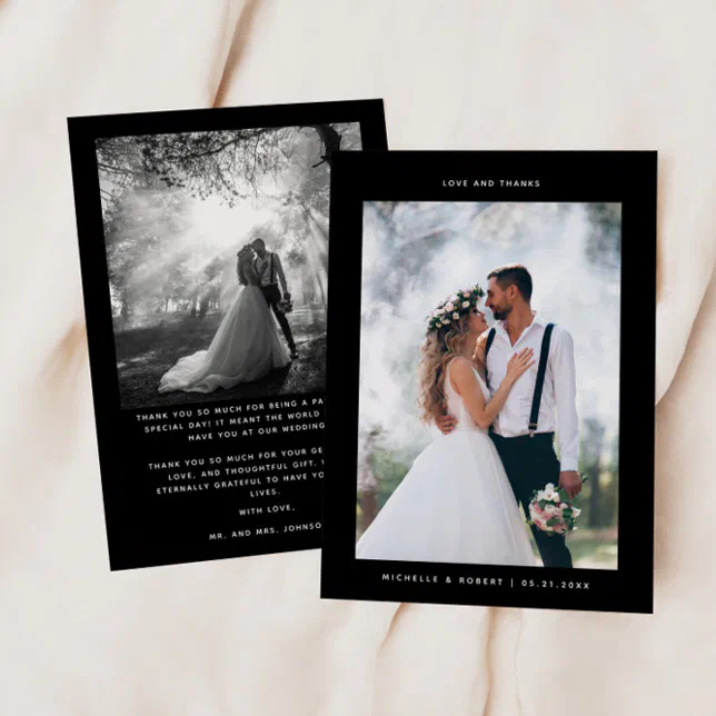 Love and Thanks Minimalist Wedding Photo Black Thank You Card | Zazzle