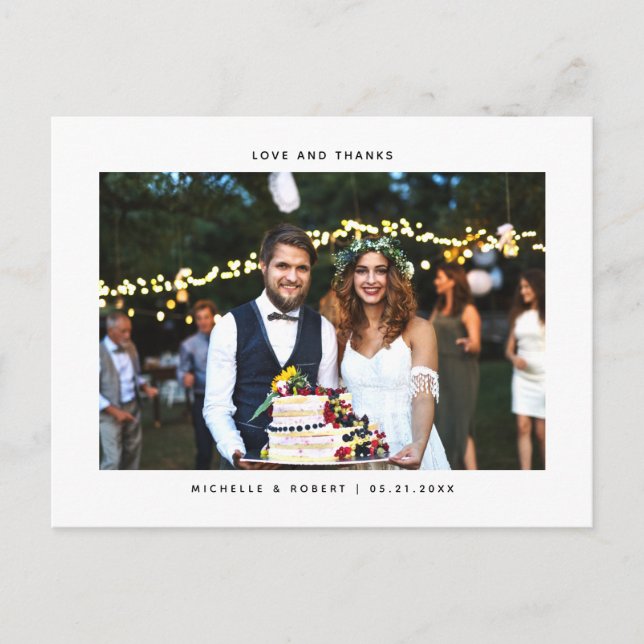 Love and Thanks Minimalist Wedding Photo Thank You Postcard (Front)