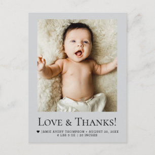 Love and Thanks Mod Grey Baby Photo Birth Postcard