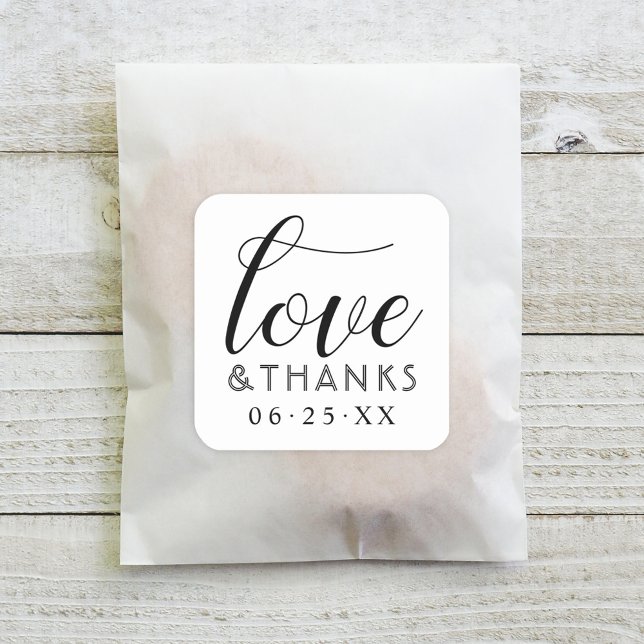 Love and Thanks Modern Black White Script Wedding Square Sticker (Creator Uploaded)