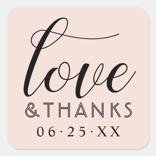 Love and Thanks Modern Blush and Black Wedding Square Sticker (Front)