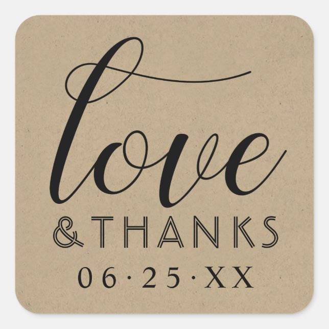 Love and Thanks Modern Kraft and Black Wedding Square Sticker (Front)