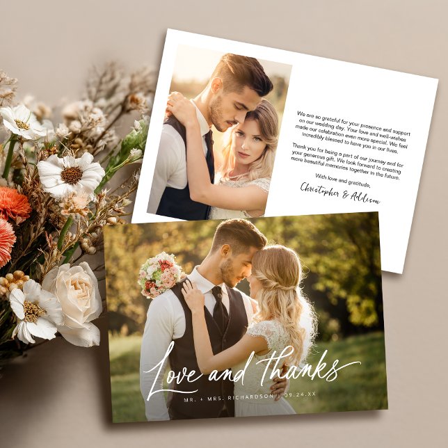 Love and Thanks Modern Minimalist 2 Photo Wedding Thank You Card (Front and Back on a 5" x 7" card)
