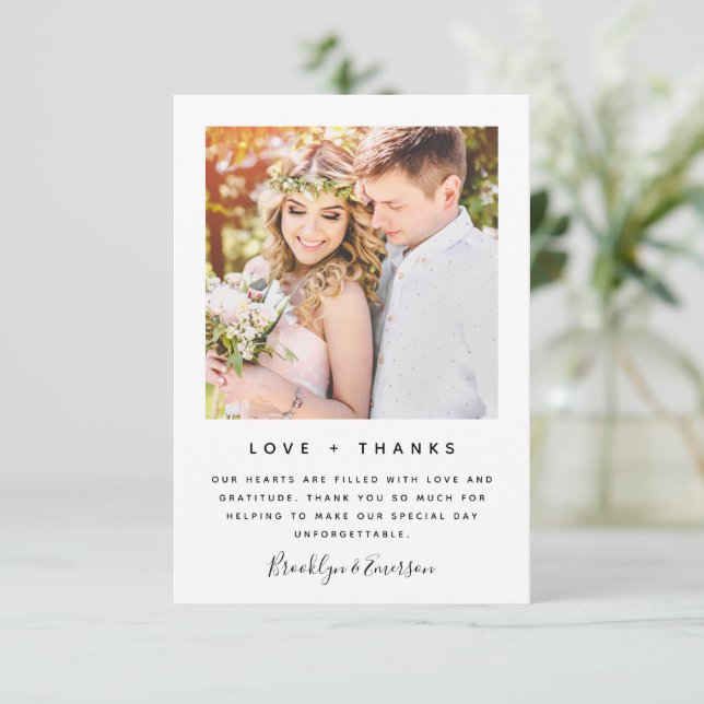 Love and Thanks Modern Photo Wedding Thank You Card (Standing Front)