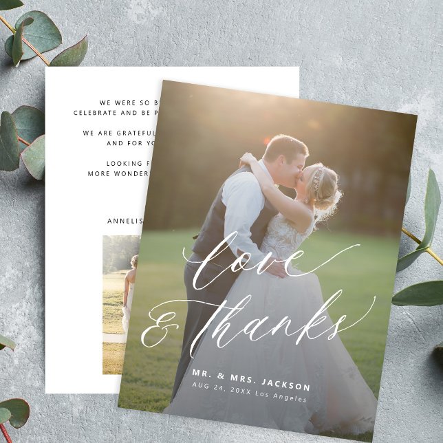 Love and thanks modern script 2 photos wedding thank you card (Creator Uploaded)