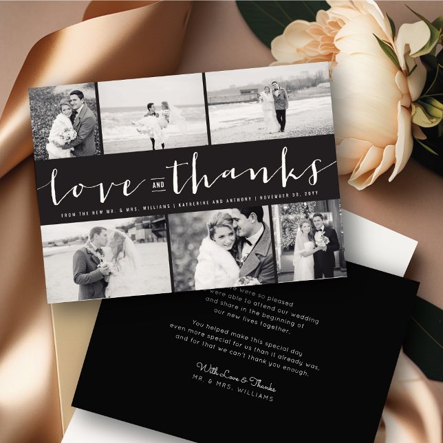 Love And Thanks Modern Script 6 Photo Wedding Thank You Card (Love And Thanks Modern Classic Script 6 Photo Collage Wedding Thank You Card @ fatfatin_blue_knot)