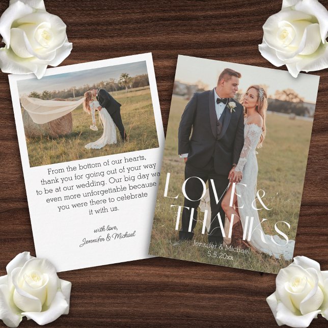 love and thanks  modern script wedding 2 photos card (Creator Uploaded)
