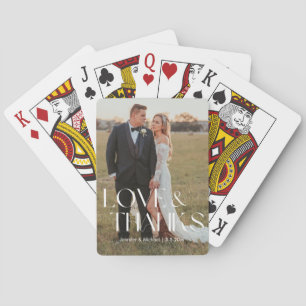 love and thanks  modern script wedding photo playing cards