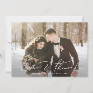 Love and Thanks Modern Script Wedding Photo Thank You Card