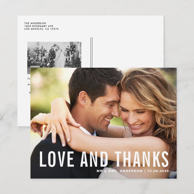 Love and Thanks Modern Typography Photo Wedding Postcard (Front/Back)