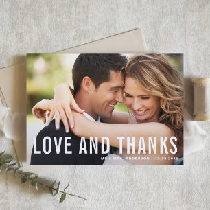 Love and Thanks   Modern Typography Photo Wedding Thank You Card
