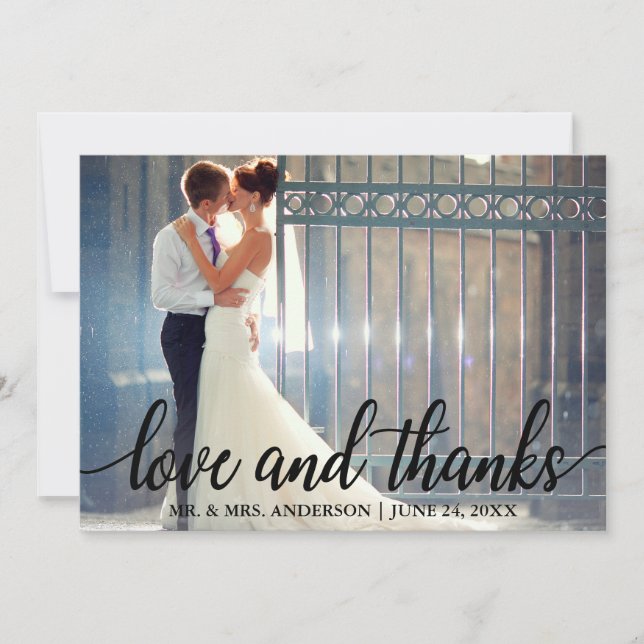 Love and Thanks Modern Wedding Mr. and Mrs. Photo Thank You Card (Front)