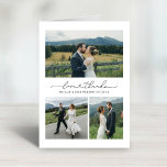 Love and Thanks Modern Wedding Photo Collage Thank You Card<br><div class="desc">Folded vertical wedding thank you photo cards feature modern and minimal black script "Love and Thanks" text with cute heart accent, monogram of the bride and groom couple's names, along with a simple collage of 3 photos on the front. Space for an additional photo and custom thank you message that...</div>