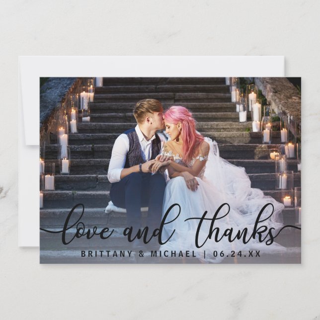 Love and Thanks | Modern Wedding Photo Thank You Card (Front)