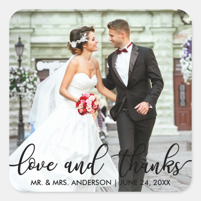 Love and Thanks Modern Wedding Photo Thank You SB Square Sticker (Front)
