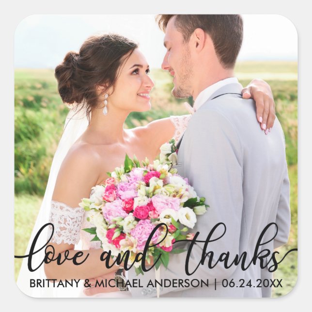 Love and Thanks Modern Wedding Thank You Photo B Square Sticker (Front)