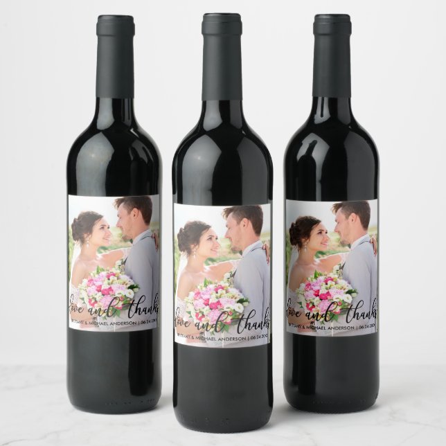Love and Thanks Modern Wedding Thank You Photo B Wine Label (Bottles)