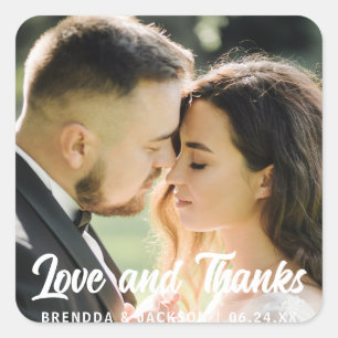 Love and Thanks   Modern Wedding Thank You Photo  Square Sticker