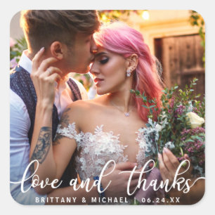 Love and Thanks   Modern Wedding Thank You Photo Square Sticker