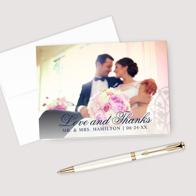 Love and Thanks Navy Blue Wedding Photo Thank You Card (Creator Uploaded)