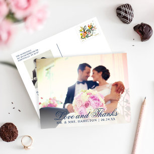 Love and Thanks Navy Blue Wedding Photo Thank You Postcard