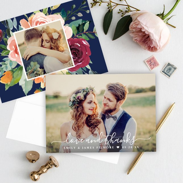 Love and Thanks Navy Burgundy Floral Wedding Photo Thank You Card (Creator Uploaded)