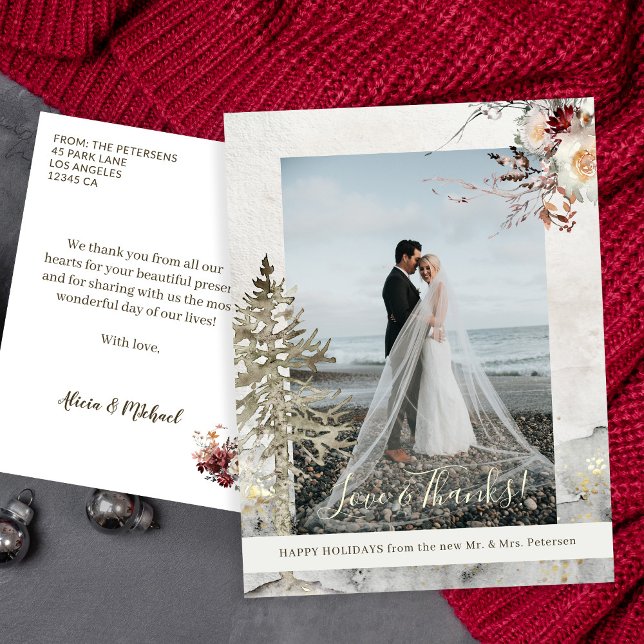 Love and thanks newlyweds Christmas holidays photo Holiday Postcard (Creator Uploaded)