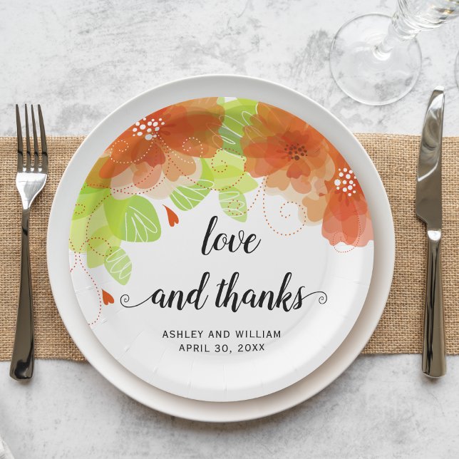 Love and thanks orange flowers, floral wedding paper plate (Creator Uploaded)