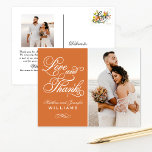 Love and Thanks Orange Wedding Photo Thank You Postcard<br><div class="desc">Simply elegant wedding thank you post card template features "Love and Thanks" in a beautiful script font with custom monogram and a portrait photo of the bride and groom on the front side, and smaller square photo with custom text that can be personalised on the back side. Dark spice orange,...</div>