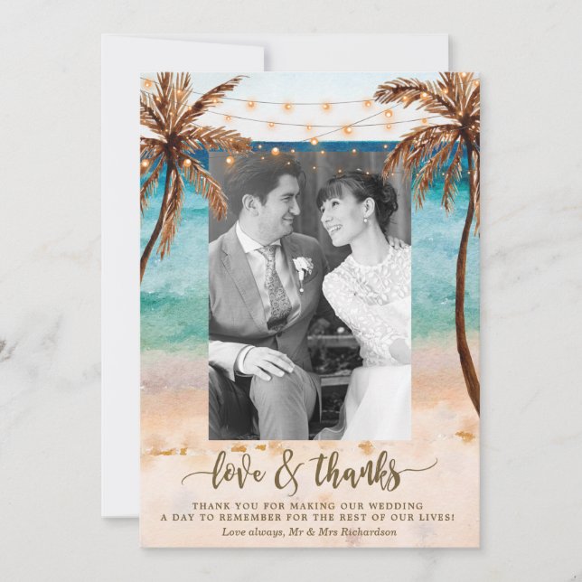 love and thanks photo beach tropical wedding thank you card (Front)