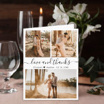 Love and Thanks Photo Collage Wedding  Thank You<br><div class="desc">Minimalist, Modern Hand Lettered Wedding Photo Thank You Folded Card. Stylish, Elegant thank you card template featuring three photo on the front and one photo inside. With the text "Love and thanks" in a swirly hand lettered typography script font in black on white background. Personalise the custom name and thank...</div>