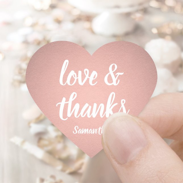Love and Thanks Pink Rose Gold Faux Foil Thank You Heart Sticker (Creator Uploaded)