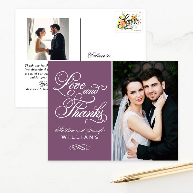 Love and Thanks Plum Wedding Photo Thank You Postcard (Creator Uploaded)