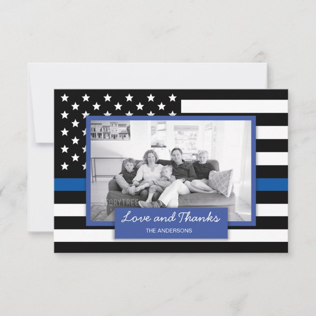 Love and Thanks Police Thin Blue Line Family Photo Thank You Card (Front)