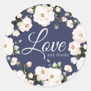 Love and Thanks Purple Elegant White Roses Wedding Classic Round Sticker